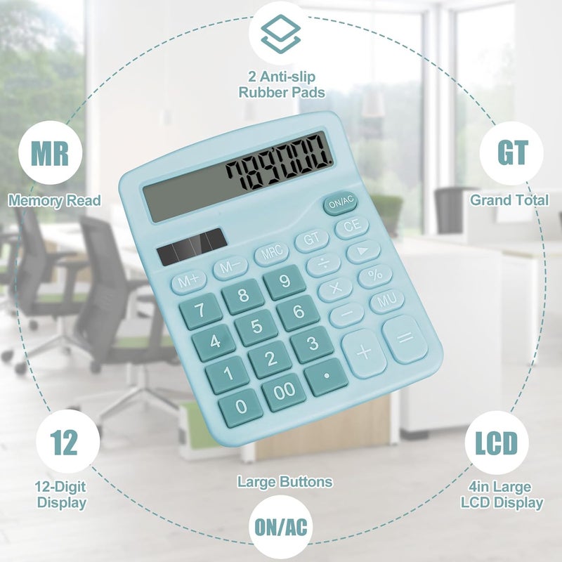 HUTUDD Desktop Calculator, Light Blue Calculator Big Buttons, 12-Digits Large LCD Display, Solar and AA Battery Dual Power, Desk Calculators for Office Home School Business Class (Light Blue) - Image 4